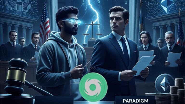 Paradigm lawyer and Roman Storm in courtroom during Tornado Cash legal battle over DeFi and open-source crypto privacy.