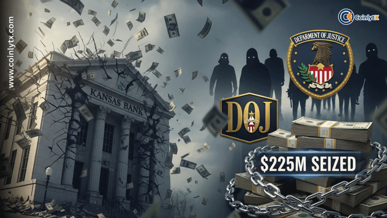 Kansas bank collapse with flying dollar bills, shadowy figures, DOJ seal, and $225M seized in crypto scam.