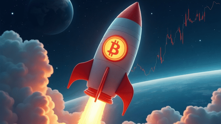 Rocket with Bitcoin symbol launching into space, representing rapid rise in cryptocurrency value.