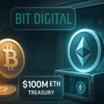 Illustration of cryptocurrency investment showing Bitcoin and Ethereum coins, with the text "$100M ETH Treasury" and "Bit Digital" branding.