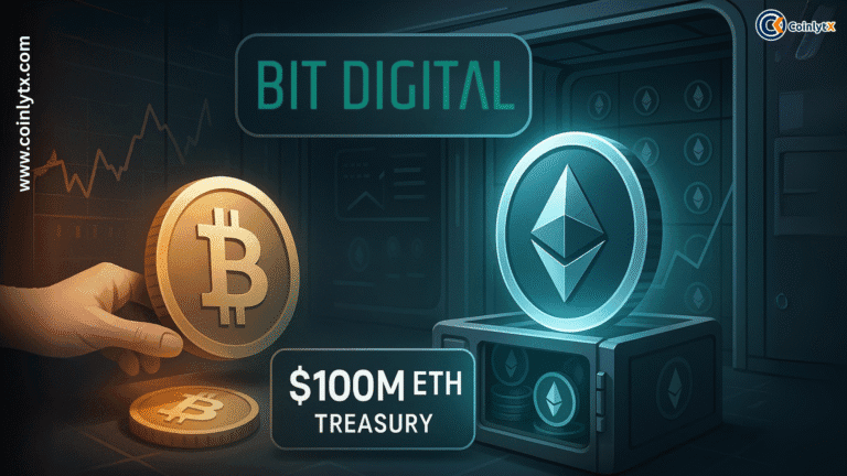 Illustration of cryptocurrency investment showing Bitcoin and Ethereum coins, with the text "$100M ETH Treasury" and "Bit Digital" branding.
