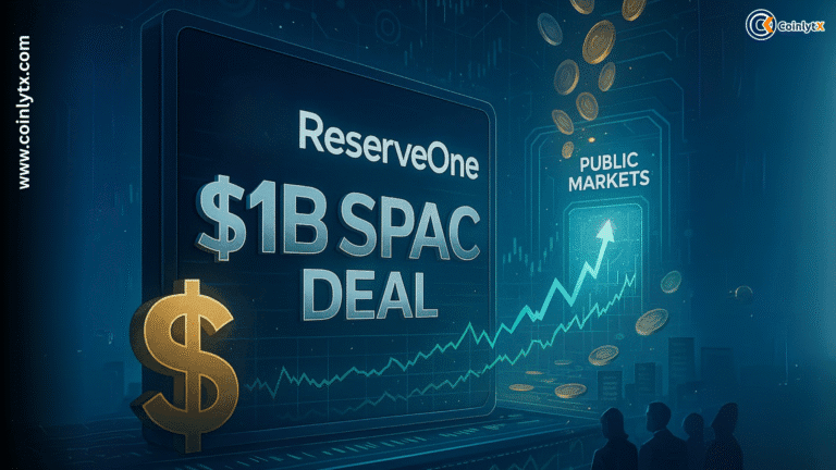 Infographic-style summary of a news article announcing that ReserveOne, a new crypto treasury firm, is going public in a $1 billion SPAC deal with M3-Brigade. The article highlights ReserveOne’s institutional focus and backing from major crypto firms like Galaxy Digital, Kraken, Pantera Capital, and CC Capital. ReserveOne plans to manage a portfolio of digital assets including bitcoin, ether, and solana, using staking and lending strategies to generate yield. Coinbase will provide custody for its assets. The leadership team includes crypto industry veterans and high-profile names such as Reeve Collins, Wilbur Ross, and John D’Agostino. The firm aims to bridge the gap between traditional finance and crypto, targeting institutions, pension funds, and family offices. ReserveOne will begin trading under the ticker “RONE” after the deal closes in Q4 2025.