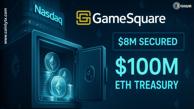 Digital promotional graphic showing a vault filled with Ethereum coins next to a Nasdaq building. The text highlights "GameSquare" with "$8M Secured" and "$100M ETH Treasury" in bold letters.