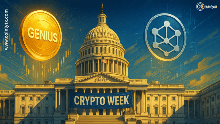 U.S. Capitol building with digital cryptocurrency symbols representing Congress’s focus on GENIUS and Clarity crypto bills during Crypto Week July 2025