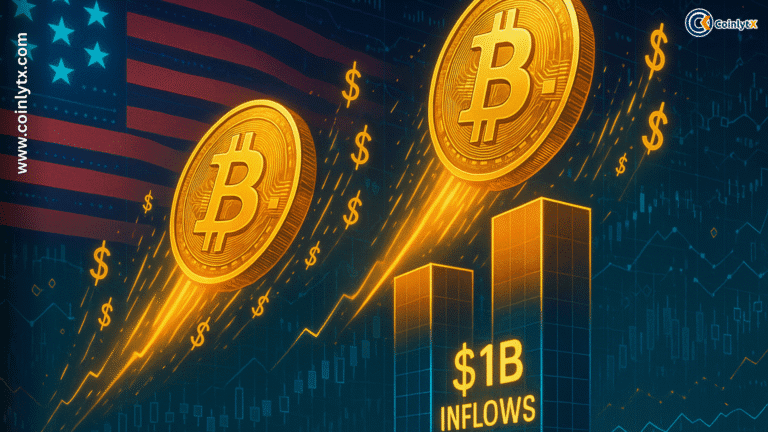 "Digital illustration showing large Bitcoin symbols rising with glowing lines, representing a $1 billion inflow into the cryptocurrency market. U.S. flag in the background, along with dollar signs and stock chart graphics. Branding from CoinlytX and website URL visible."